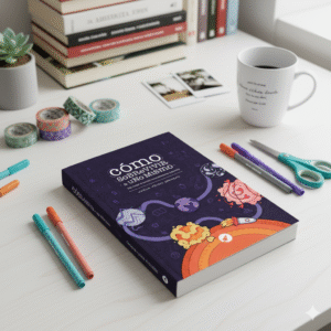 libro "Cómo sobrevivir a uno mismo" posado en un escritorio con otros libros, materiales creativos y una taza de café