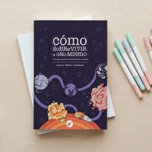 libro "Cómo sobrevivir a uno mismo" posado en un escritorio sobre otro libro y unos rotuladores de colores
