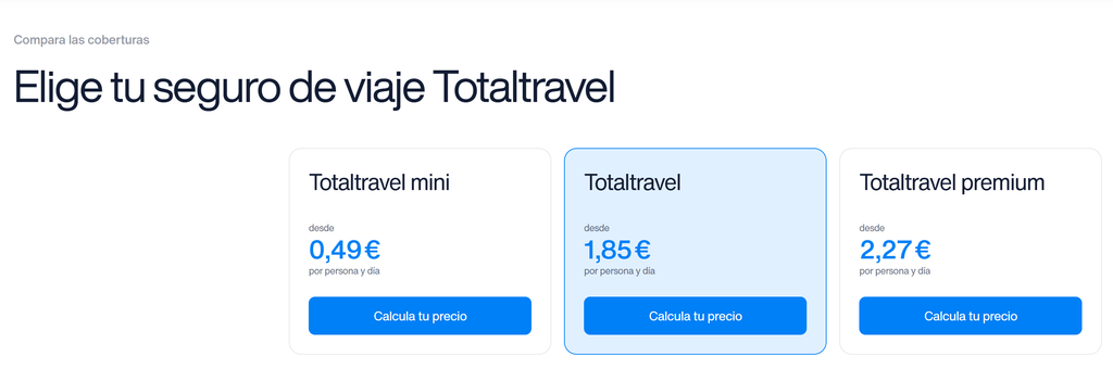 Pantallazo de las modalidades de Total Travel de Intermundial